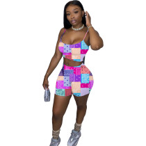 Two Piece Casual Printed Straps Crop Top and Shorts