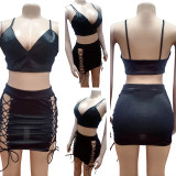 Sexy Satin Lingerie Straps Crop Top and Bandage Hollow Mini Skirt