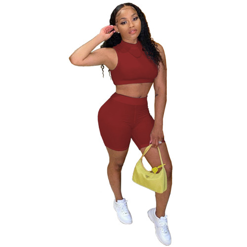 Solid Color O Neck Vest Shorts Sports Two Piece Outfits