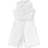 Solid Color O Neck Vest Shorts Sports Two Piece Outfits