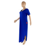 Solid Color V Neck Slits Maxi Dress with Pockets
