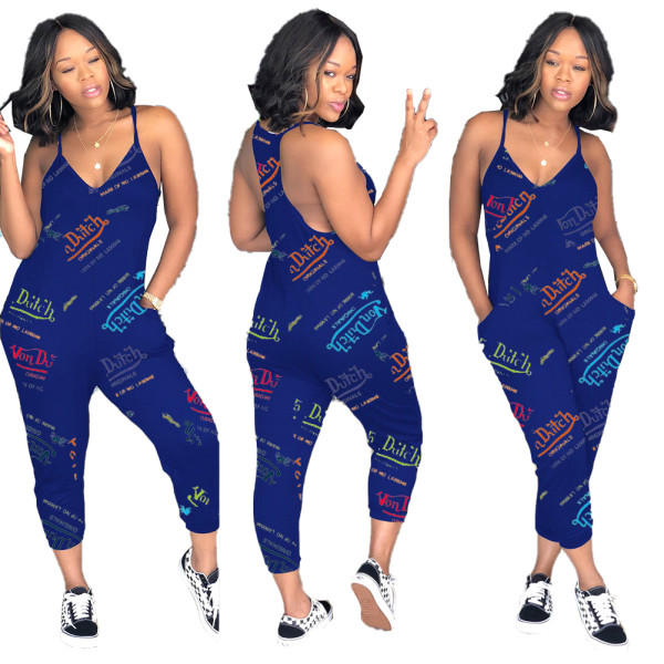 Casual Letter Printed Straps Jumpsuit with Pockets