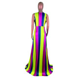 V Neck Sleeveless Split Rainbow Print Striped Sexy Maxi Dress