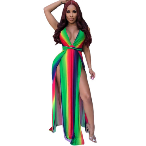 V Neck Sleeveless Split Rainbow Print Striped Sexy Maxi Dress