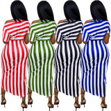 Oblique Shoulder Printed Striped Irregular Dress