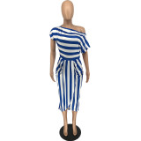 Oblique Shoulder Printed Striped Irregular Dress