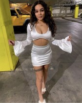 White Long Sleeve Sexy Crop Top and Skirt