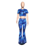 Casual Imitation Denim Print Two Piece Outfits