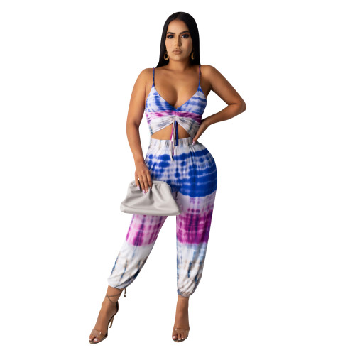 Fashion Pattern Printed  Wrap Chest Trousers Suit