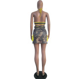 Casual Camouflage Halter Crop Top Skirt Set
