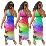 Sleeveless V Neck Gradient Print Hollow Out Sexy Maxi Dress