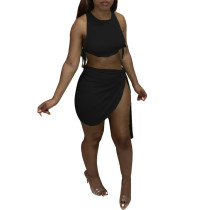 Solid Color Tie Rope Sexy Vest and Irregular Skirt