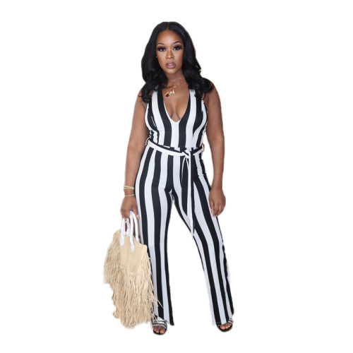 Casual Colorful Striped Print Halter Jumpsuit