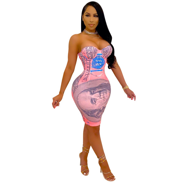 Sexy US Dollar Positioning Printed Tube Strapless Mini Dress