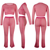 Solid Color Mesh See Through Pants Set
