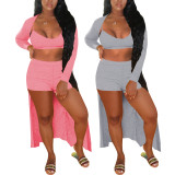 Solid Color Straps Shorts Set with Cardigan