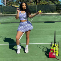 Summer Print Sports Two Piece Tennis Culottes Skirt Set