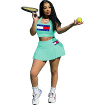 Casual Pattern Offset Print Tennis Vest and Culottes Skirt