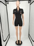 Casual Offset Printed Zipper Short Sleeve Romper with 4 Pockets