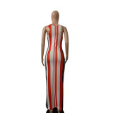 Sexy Striped Straps V Neck Long Dress