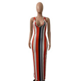 Sexy Striped Straps V Neck Long Dress