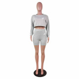Casual Long Sleeve Print Sweatshirt Shorts Set with Pocket