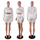 Casual Long Sleeve Print Sweatshirt Shorts Set with Pocket