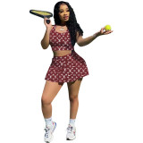 Two Piece Printed Nightclub Sports Vest and Culottes Skirt Set