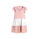Casual Color Matching Ruffle Sleeve Loose Lady Dress