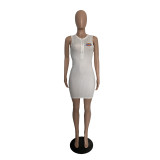 Solid Color White Summer Sleeveless Pit Thread Mini Dress