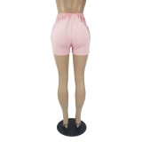 Pink Brand Embroidered Pattern Double Pocket Rope Shorts