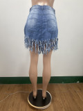 Casual High Waisted Fringe Denim Skirt