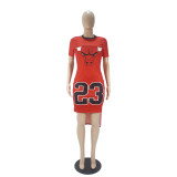 Casual Pattern Printed Short Sleeve Tuxedo Split Party Dress Basketball Cheerleaders