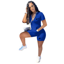 Casual Embroidered Zipper Jmpsuit with Two Pocket
