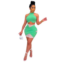 Solid Color O Neck Sleeveless Two Piece Skirt Set