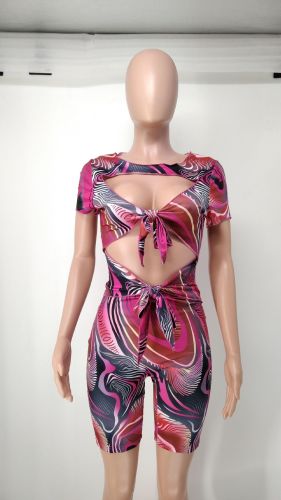 Hollow Out Printed Sexy Short Jumpsuit