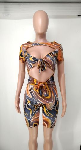 Hollow Out Printed Sexy Short Jumpsuit