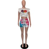 Casual Printed Lips Crop Top and Splash Ink Colorful Shorts