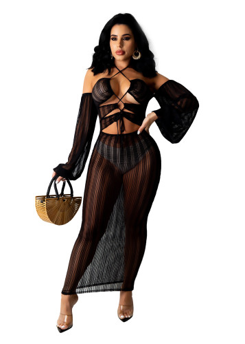 Sexy Pile Sleeves Mesh See Through Lace-up Maxi Dress