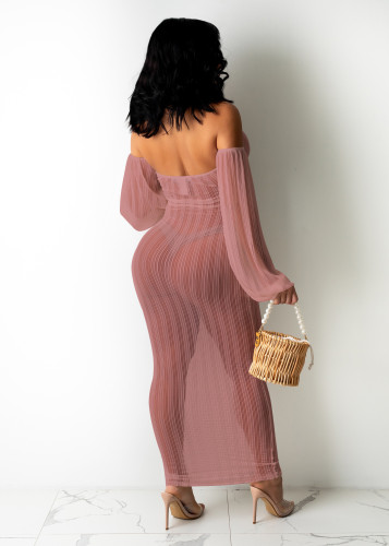 Sexy Pile Sleeves Mesh See Through Lace-up Maxi Dress