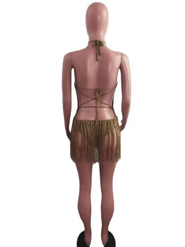 Woven Two-wear Halter Fringe Beach Dress