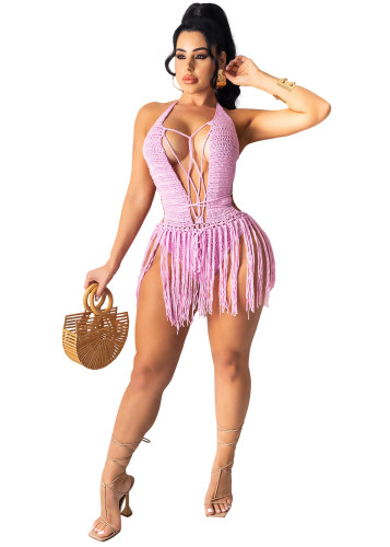 Woven Two-wear Halter Fringe Beach Dress