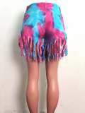 High-waisted Distressed Tie-dye Denim Shorts with Fringe