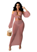 Sexy Pile Sleeves Mesh See Through Lace-up Maxi Dress