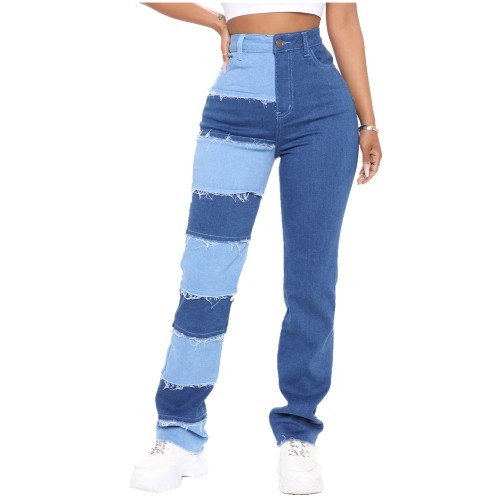Stretch Patchwork Frayed Straight-leg Jeans