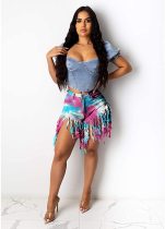 High-waisted Distressed Tie-dye Denim Shorts with Fringe
