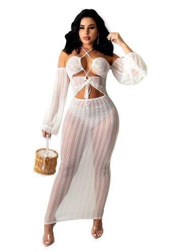 Sexy Pile Sleeves Mesh See Through Lace-up Maxi Dress