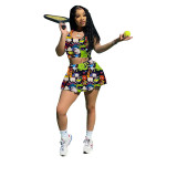 Two Piece Skirt Set Tennis Sports Pattern Printed Vest and Culottes