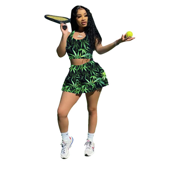 Two Piece Skirt Set Tennis Sports Pattern Printed Vest and Culottes