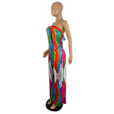 Casual Printed Tie-dye Strapless Jumpsuit with Wide-leg